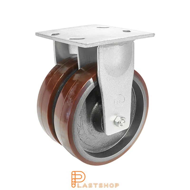 Rueda doble fija con placa, diámetro de la rueda 150 mm, altura de construcción 200 mm, buje de fundición con pista suave en PUR de color rojo. 1350 kg de carga, doble cojinete de bolas