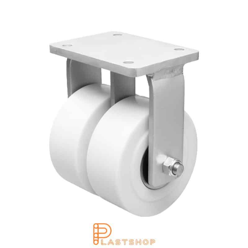 Double wheel fixed bracket, plate, wheel diameter 150 mm, building height 212 mm, hard wheel in solid PA6 C, 4950 kg load capacity, double ball bearings