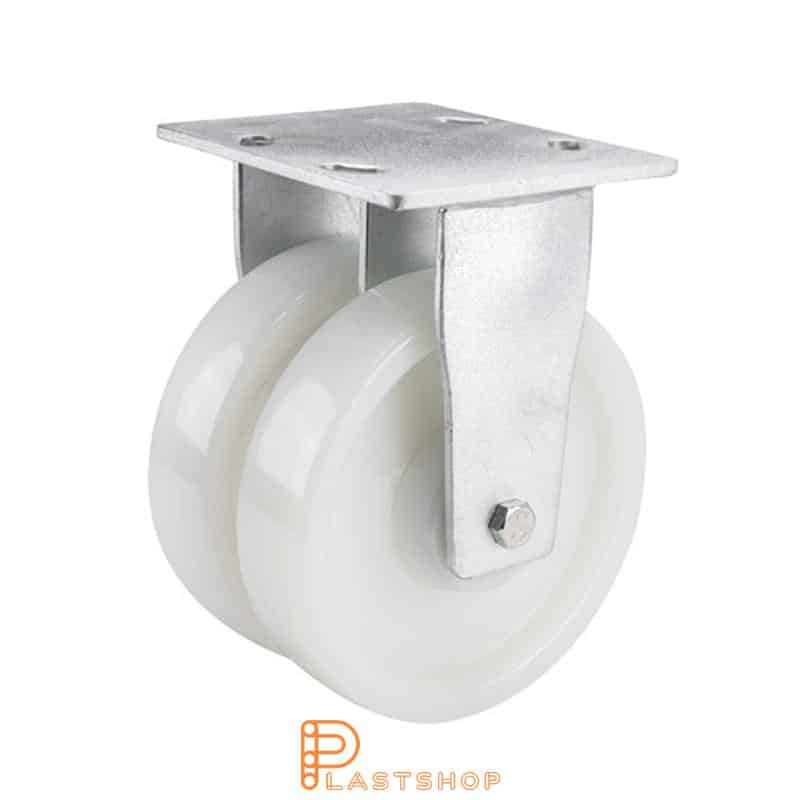 Double wheel fixed bracket, plate, wheel diameter 200 mm, building height 250 mm, hard wheel in solid PA6, 1500 kg load capacity, double ball bearings