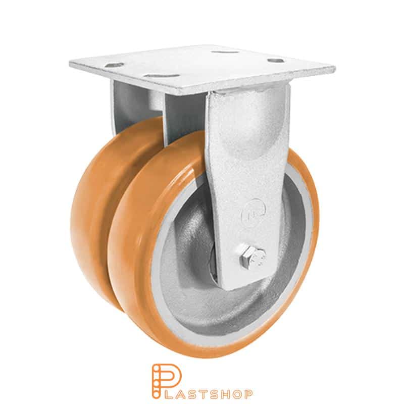 Rueda doble fija con placa, diámetro de la rueda 200 mm, altura de construcción 250 mm, buje de fundición con pista suave en ElastoPUR de color marrón. 1500 kg de carga, doble cojinete de bolas