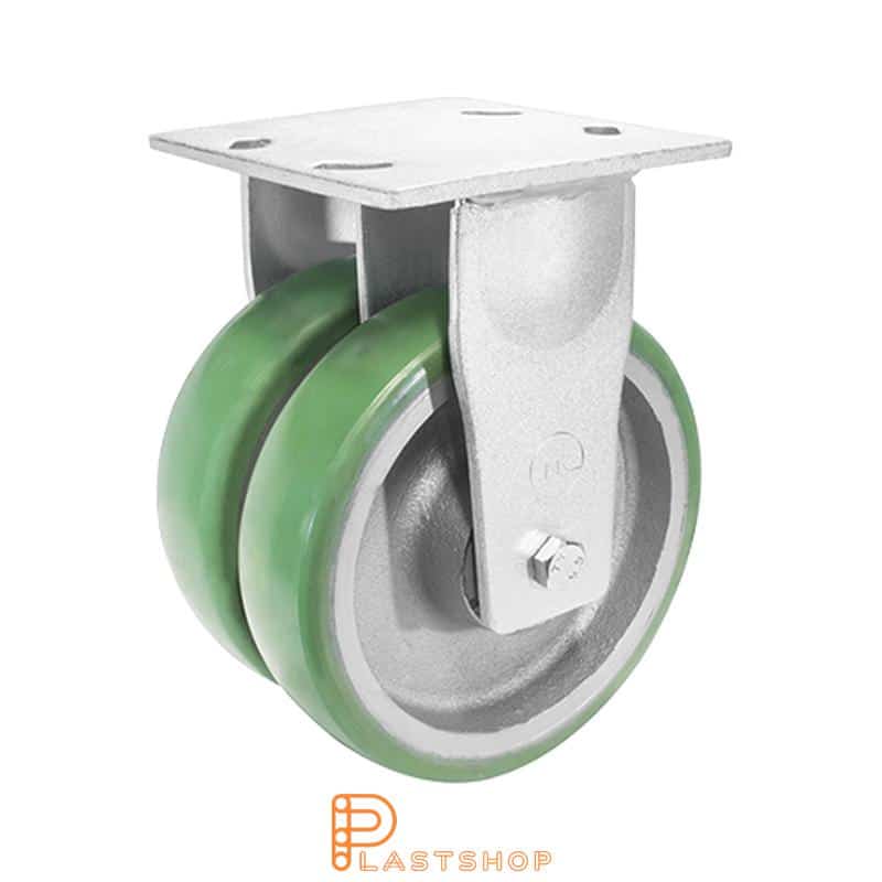 Rueda doble fija con placa, diámetro de la rueda 200 mm, altura de construcción 250 mm, buje de fundición con pista suave en ElastoPUR de color verde. 1400 kg de carga, doble cojinete de bolas