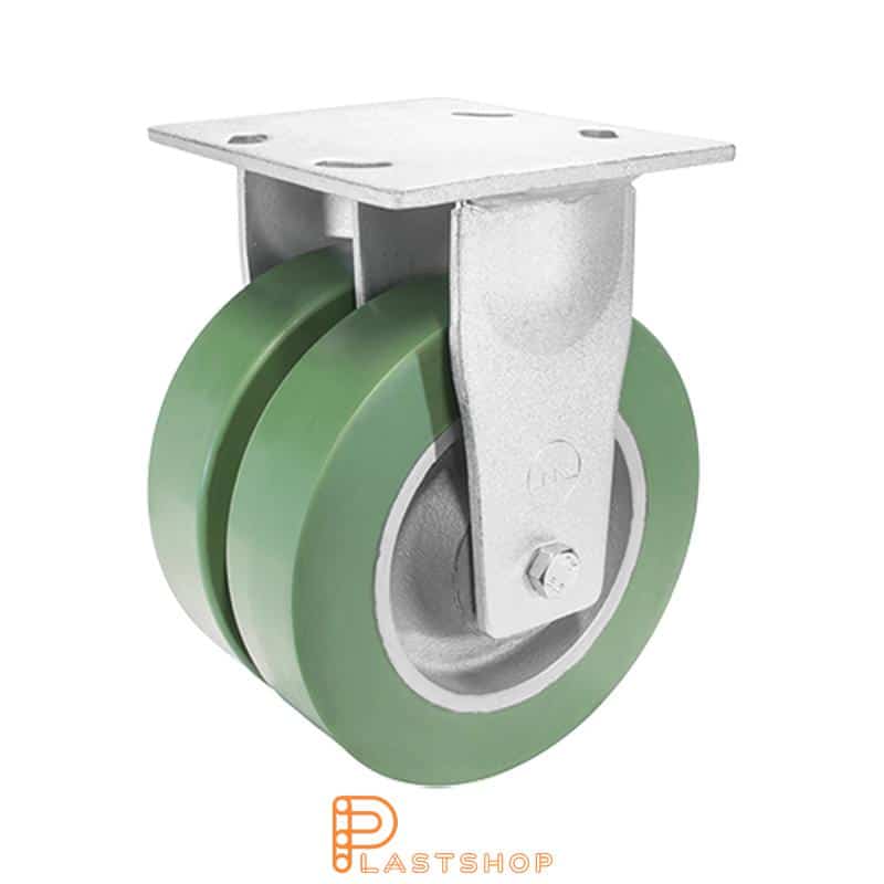 Rueda doble fija con placa, diámetro de la rueda 200 mm, altura de construcción 250 mm, buje de fundición con pista suave en ElastoPUR de color verde. 1400 kg de carga, doble cojinete de bolas