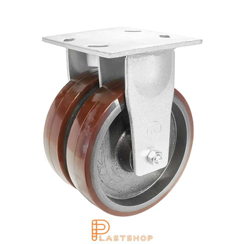 Double wheel fixed bracket, plate, wheel diameter 200 mm, building height 250 mm, hub in cast iron with soft track in PUR in röd. 1500 kg load capacity, double ball bearings