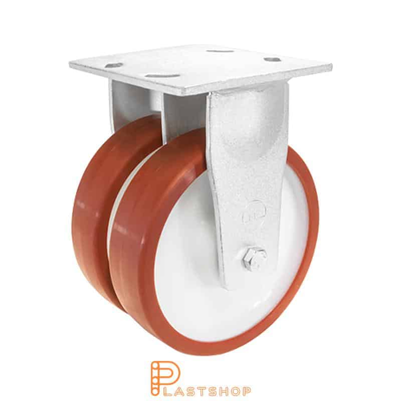 Double wheel fixed bracket, plate, wheel diameter 200 mm, building height 250 mm, hub in PA6 with soft track in PUR in röd. 1350 kg load capacity, double ball bearings
