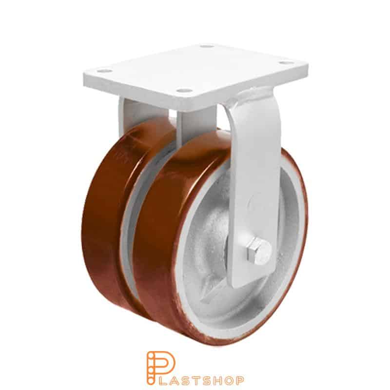 Double wheel fixed bracket, plate, wheel diameter 200 mm, building height 264 mm, hub in cast iron with soft track in PUR in red color. 1800 kg load capacity, double ball bearings