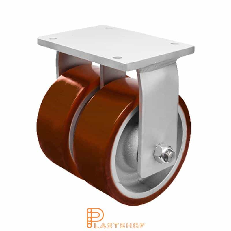 Double wheel fixed bracket, plate, wheel diameter 200 mm, building height 280 mm, hub in cast iron with soft track in PUR in orange. 3200 kg load capacity, double ball bearings