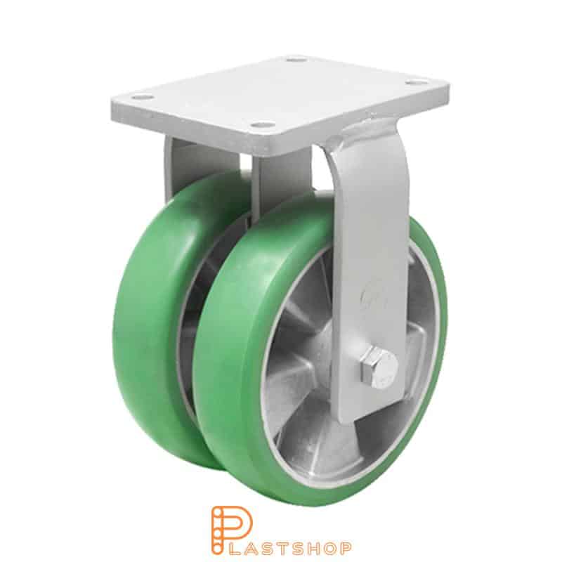 Dobbelthjul fast arm, plate, hjuldiameter 250 mm, byggehøyde 314 mm, nav i aluminium med myk bane i ElastoPUR i grønn farge. 1500 kg bæreevne, doble kulelager