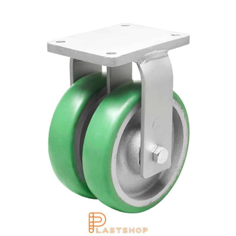 Rueda doble fija con placa, diámetro de la rueda 250 mm, altura de construcción 314 mm, buje de fundición con pista suave en ElastoPUR de color verde. 1500 kg de carga, doble cojinete de bolas