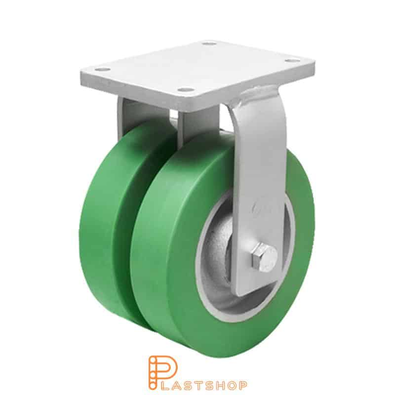 Double wheel fixed bracket, plate, wheel diameter 250 mm, building height 314 mm, hub in cast iron with soft track in ElastoPUR in grön. 1500 kg load capacity, double ball bearings