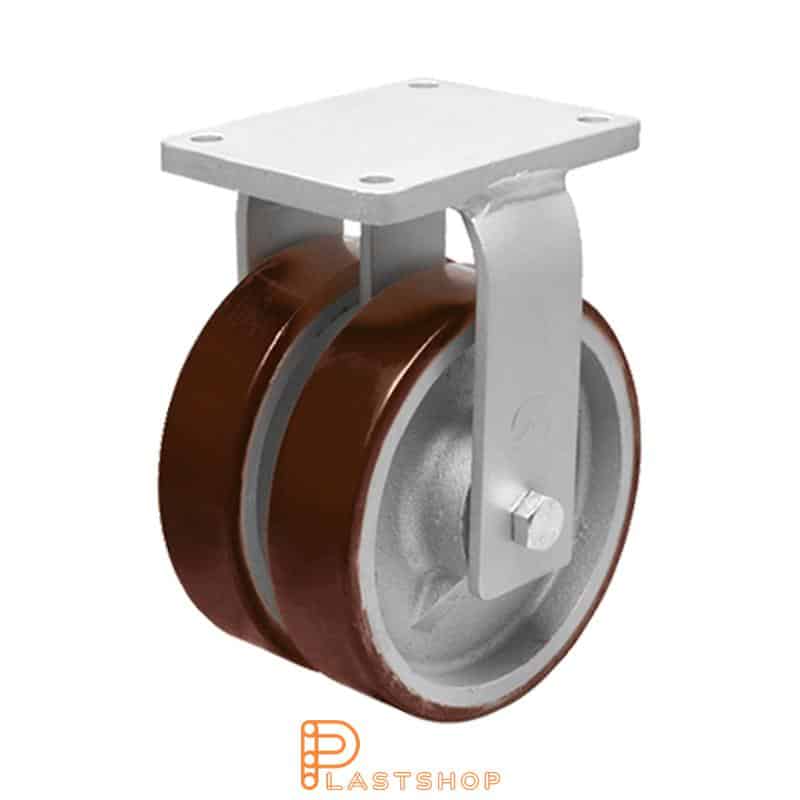 Double wheel fixed bracket, plate, wheel diameter 250 mm, building height 314 mm, hub in cast iron with soft track in PUR in red color. 2150 kg load capacity, double ball bearings