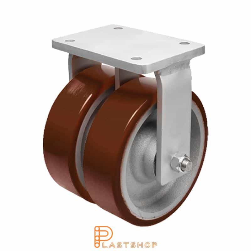 Double wheel fixed bracket, plate, wheel diameter 250 mm, building height 314 mm, hub in cast iron with soft track in PUR in röd. 3200 kg load capacity, double ball bearings
