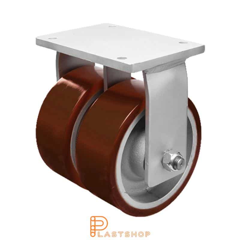Double wheel fixed bracket, plate, wheel diameter 250 mm, building height 330 mm, hub in cast iron with soft track in PUR in orange. 3950 kg load capacity, double ball bearings