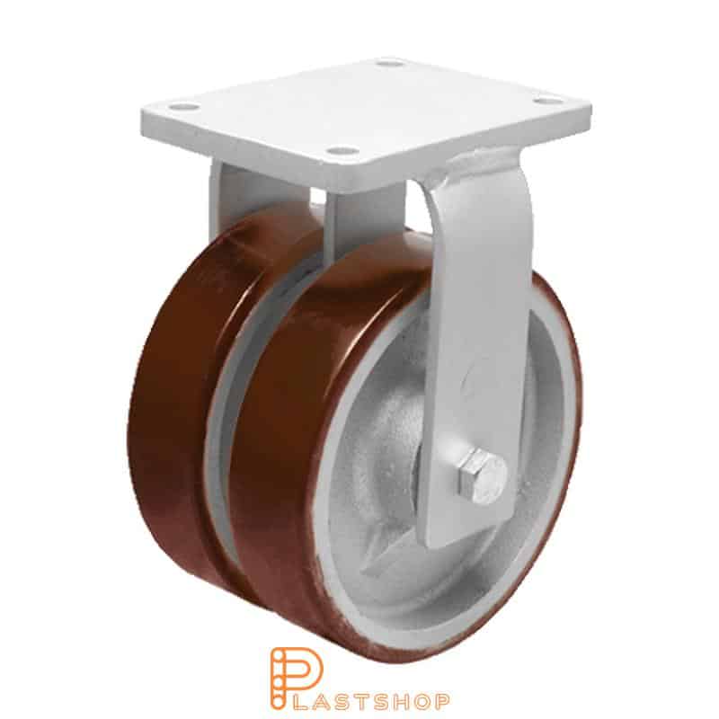 Double wheel fixed bracket, plate, wheel diameter 300 mm, building height 365 mm, hub in cast iron with soft track in PUR in röd. 2500 kg load capacity, double ball bearings