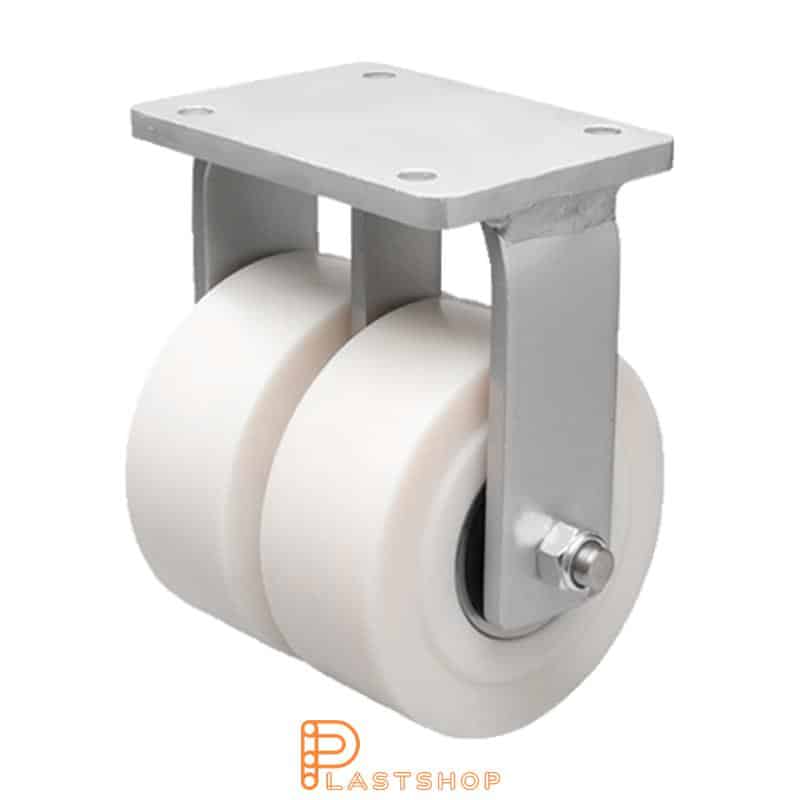 Double wheel fixed bracket, plate, wheel diameter 300 mm, building height 375 mm, hard wheel in solid PA6 C, 5000 kg load capacity, double ball bearings