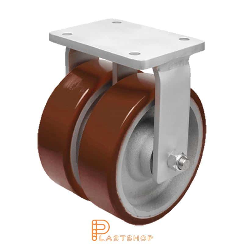Double wheel fixed bracket, plate, wheel diameter 300 mm, building height 375 mm, hub in cast iron with soft track in PUR in röd. 3900 kg load capacity, double ball bearings
