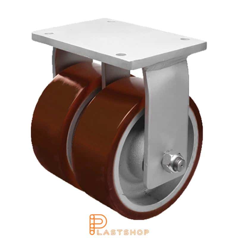 Rueda doble fija con placa, diámetro de la rueda 300 mm, altura de construcción 395 mm, buje de fundición con pista suave en PUR de color naranja. 5000 kg de carga, doble cojinete de bolas