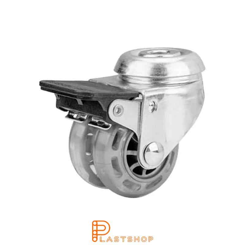Double link wheel with brake, center hole, wheel diameter 50 mm, building height 70 mm, hub in PC with soft track in PUR in transparent. 70 kg load capacity, slide bearings