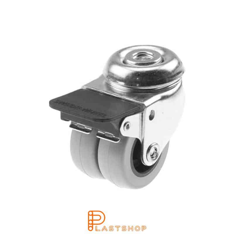 Double link wheel with brake, center hole, wheel diameter 50 mm, building height 70 mm, hub in PP with soft track in PUR in grå. 70 kg load capacity, slide bearings