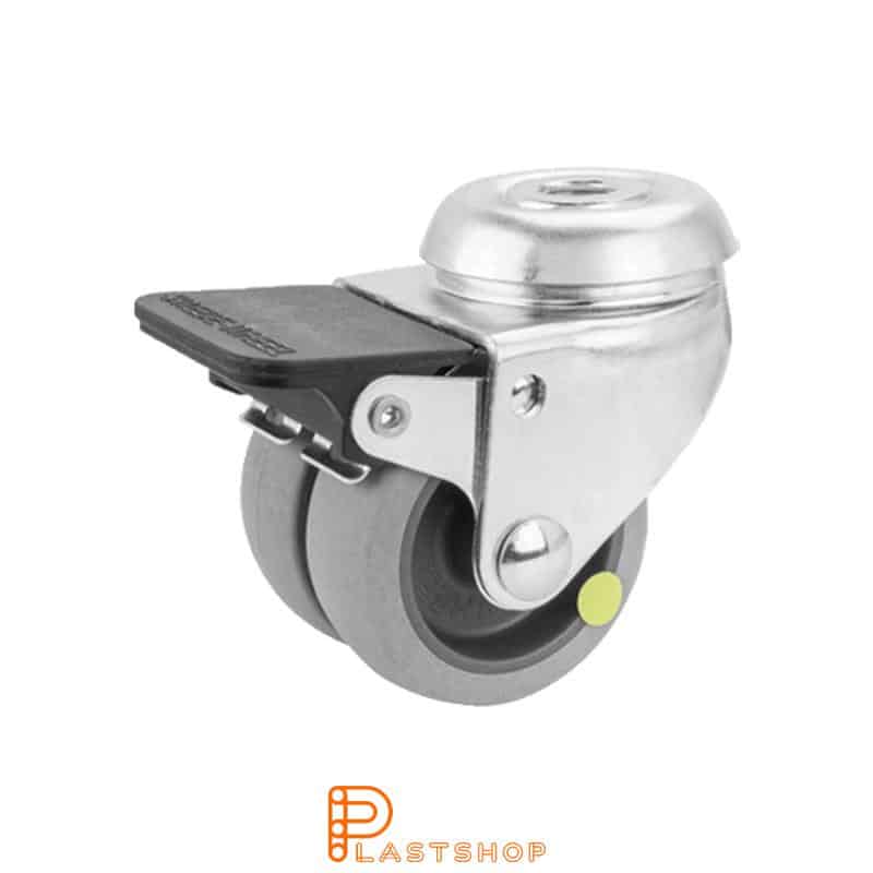 Double link wheel with brake, center hole, wheel diameter 50 mm, building height 70 mm, hub in PP with soft track in TPE in gray color. 70 kg load capacity, slide bearings