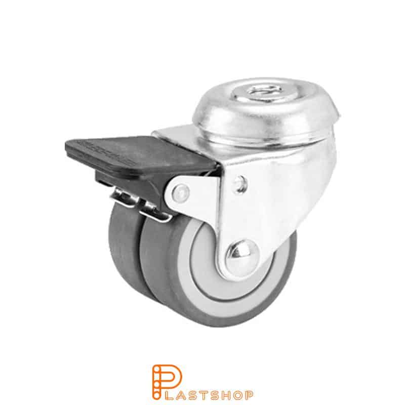 Rueda doble de enlace con freno, orificio central, diámetro de la rueda 50 mm, altura de construcción 70 mm, buje de PP con pista suave en TPE de color gris. 90 kg de carga, cojinete de bolas