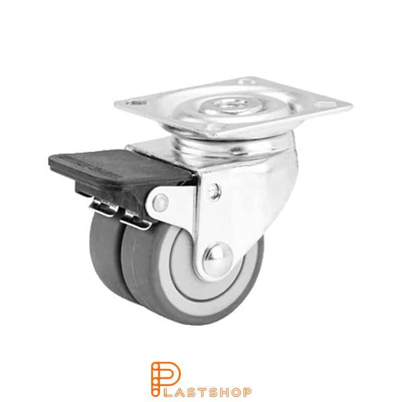 Double link wheel with brake, threaded center hole, wheel diameter 50 mm, building height 70 mm, hub in PP with soft track in TPE in grå. 70 kg load capacity, slide bearings