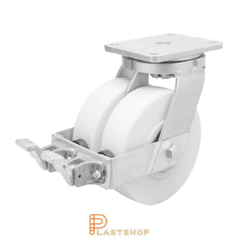 Double link wheel with brake, plate, wheel diameter 125 mm, building height 185 mm, hard wheel in solid PA6 C, 2500 kg load capacity, double ball bearings