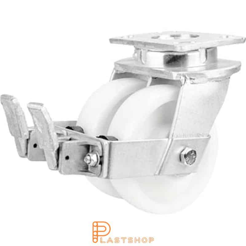 Double link wheel with brake, plate, wheel diameter 150 mm, building height 200 mm, hard wheel in solid PA6, 1350 kg load capacity, double ball bearings