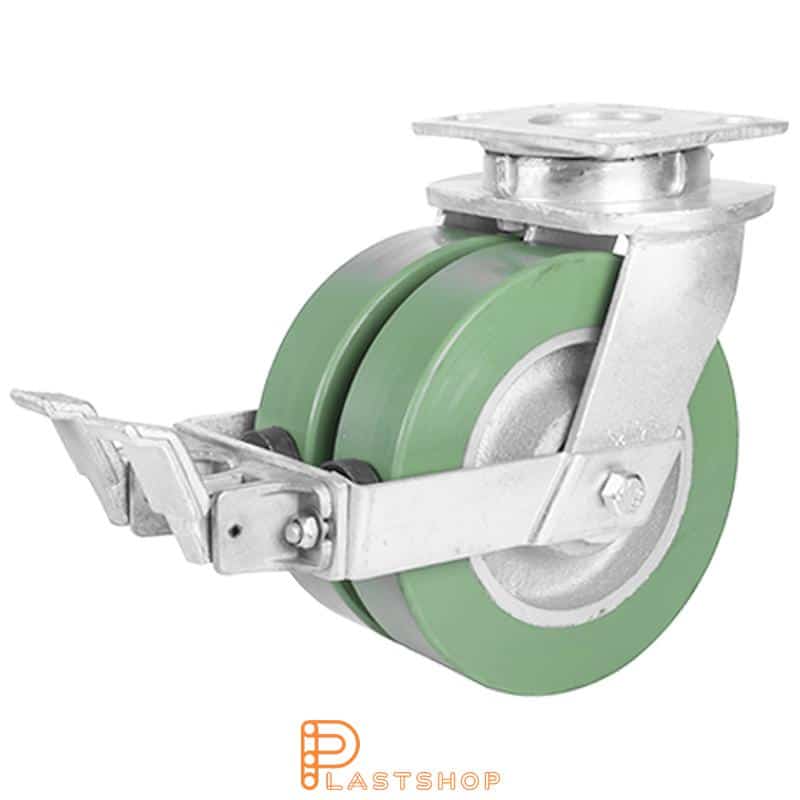 Rueda doble de enlace con freno, placa, diámetro de la rueda 150 mm, altura de construcción 200 mm, buje de fundición con pista suave en ElastoPUR de color verde. 900 kg de carga, doble cojinete de bolas