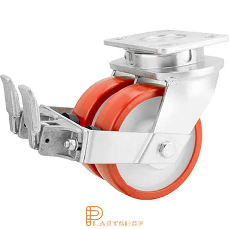 Double link wheel with brake, plate, wheel diameter 150 mm, building height 200 mm, hub in PA6 with soft track in PUR in röd. 1100 kg load capacity, double ball bearings