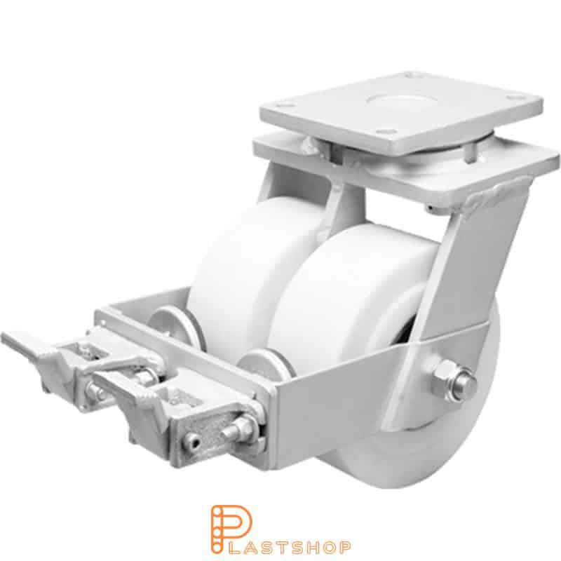 Double link wheel with brake, plate, wheel diameter 150 mm, building height 212 mm, hard wheel in solid PA6 C, 4950 kg load capacity, double ball bearings