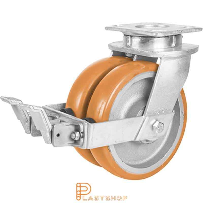 Double link wheel with brake, plate, wheel diameter 200 mm, building height 250 mm, hub in cast iron with soft track in ElastoPUR in brun. 1500 kg load capacity, double ball bearings
