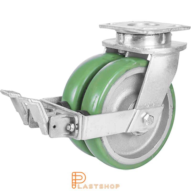 Rueda doble de enlace con freno, placa, diámetro de la rueda 200 mm, altura de construcción 250 mm, buje de fundición con pista suave en ElastoPUR de color verde. 1400 kg de carga, doble cojinete de bolas