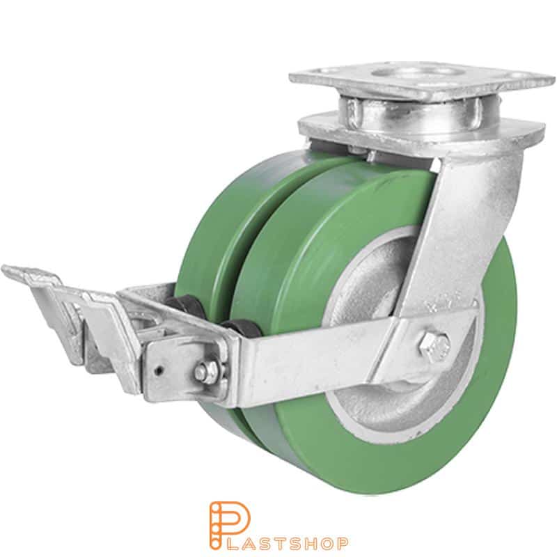 Double link wheel with brake, plate, wheel diameter 200 mm, building height 250 mm, hub in cast iron with soft track in ElastoPUR in green color. 1400 kg load capacity, double ball bearings