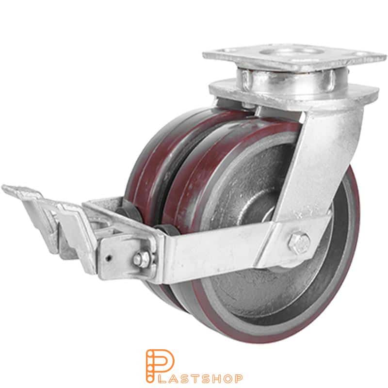 Rueda doble de enlace con freno, placa, diámetro de la rueda 200 mm, altura de construcción 250 mm, buje de fundición con pista suave en PUR de color rojo. 1500 kg de carga, doble cojinete de bolas