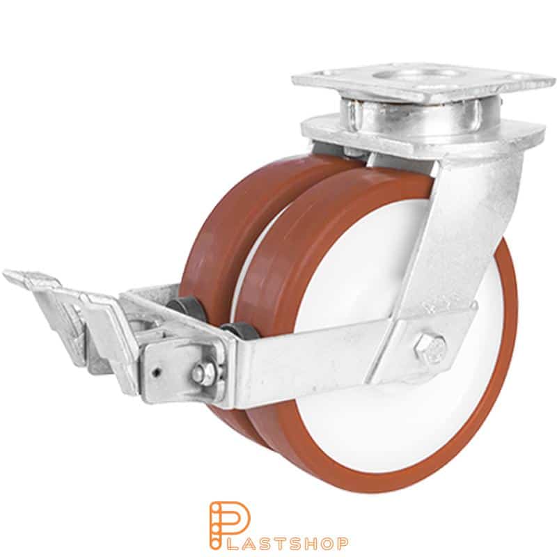 Double link wheel with brake, plate, wheel diameter 200 mm, building height 250 mm, hub in PA6 with soft track in PUR in red color. 1350 kg load capacity, double ball bearings