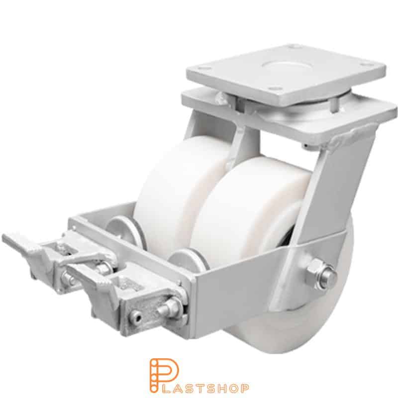 Double link wheel with brake, plate, wheel diameter 200 mm, building height 264 mm, hard wheel in solid PA6 C, 5000 kg load capacity, double ball bearings