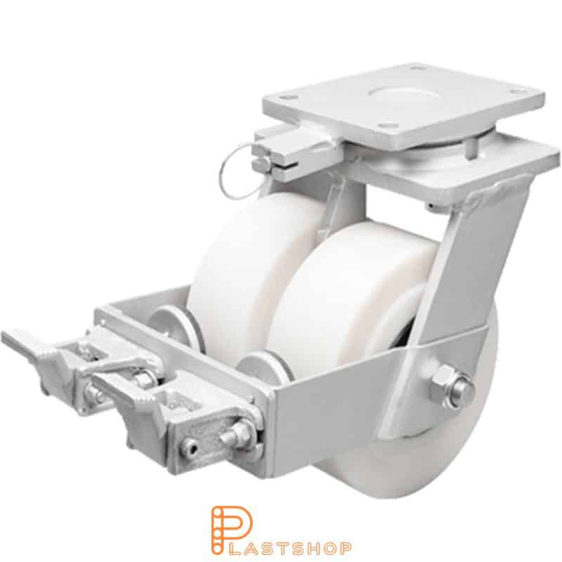 Double link wheel with brake, plate, wheel diameter 200 mm, building height 264 mm, hard wheel in solid PA6 C, 5000 kg load capacity, double ball bearings