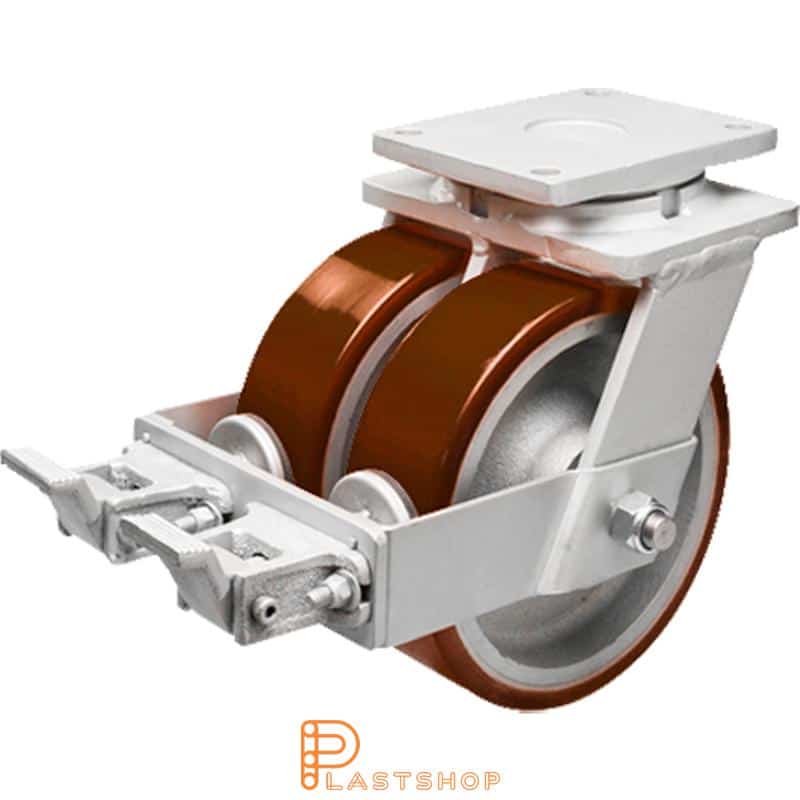 Double link wheel with brake, plate, wheel diameter 200 mm, building height 264 mm, hub in cast iron with soft track in PUR in röd. 2500 kg load capacity, double ball bearings