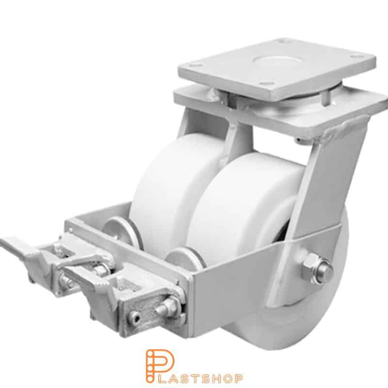 Double link wheel with brake, plate, wheel diameter 250 mm, building height 314 mm, hard wheel in solid PA6 C, 5000 kg load capacity, double ball bearings