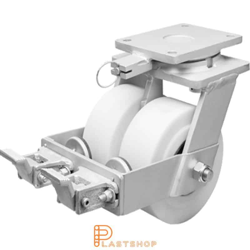 Double link wheel with brake, plate, wheel diameter 250 mm, building height 314 mm, hard wheel in solid PA6 C, 5000 kg load capacity, double ball bearings