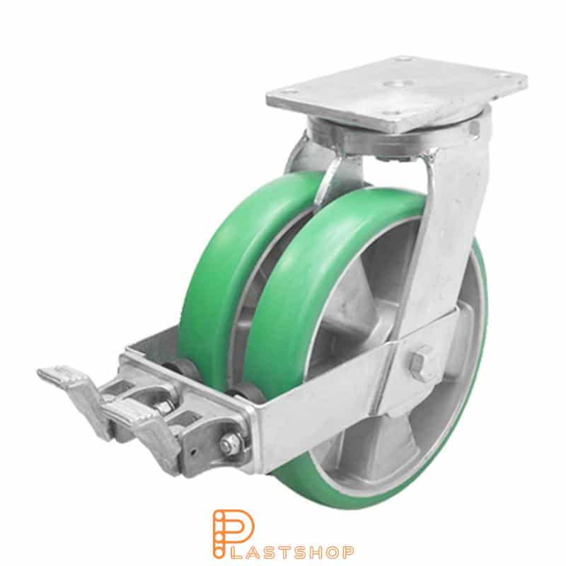 Double link wheel with brake, plate, wheel diameter 250 mm, building height 314 mm, hub in aluminum with soft track in ElastoPUR in grön. 1500 kg load capacity, double ball bearings
