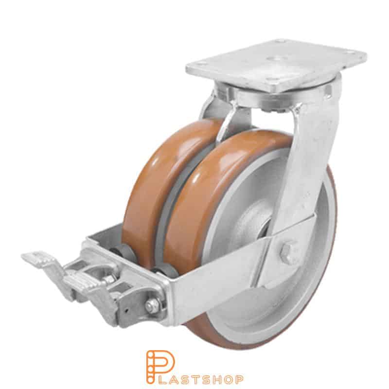 Rueda doble de enlace con freno, placa, diámetro de la rueda 250 mm, altura de construcción 314 mm, buje de fundición con pista suave en ElastoPUR de color marrón. 1800 kg de carga, doble cojinete de bolas