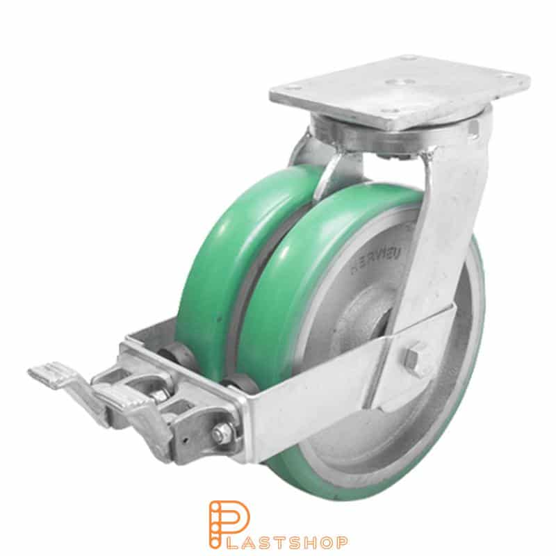 Double link wheel with brake, plate, wheel diameter 250 mm, building height 314 mm, hub in cast iron with soft track in ElastoPUR in grön. 1500 kg load capacity, double ball bearings