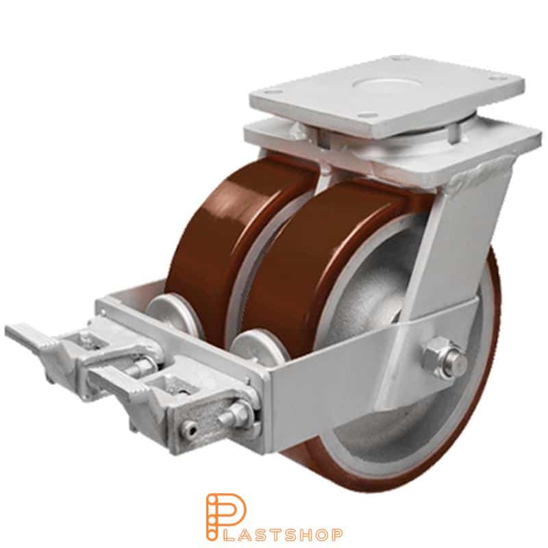 Dobbelthjul med bremse, plate, hjuldiameter 250 mm, byggehøyde 314 mm, nav i støpejern med myk bane i PUR i rød farge. 3200 kg bæreevne, doble kulelager