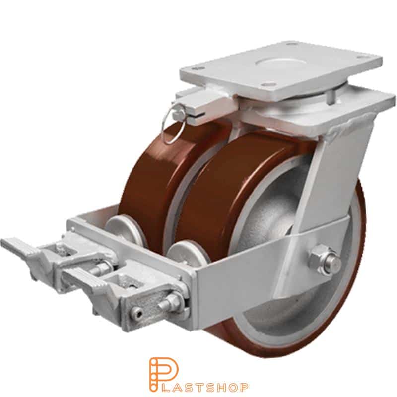 Dubbelt länkhjul med broms, platta, hjuldiameter 250 mm, bygghöjd 314 mm, nav i gjutjärn med mjuk bana i PUR i röd färg. 3200 kg bärighet, dubbla kullager