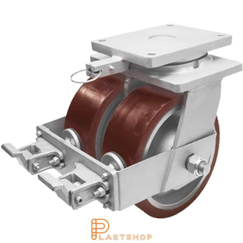 Dobbelthjul med bremse, plate, hjuldiameter 250 mm, byggehøyde 330 mm, nav i støpejern med myk bane i PUR i rød farge. 3950 kg bæreevne, doble kulelager