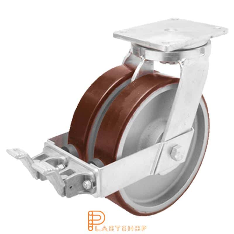 Rueda doble de enlace con freno, placa, diámetro de la rueda 300 mm, altura de construcción 365 mm, buje de fundición con pista suave en PUR de color rojo. 2500 kg de carga, doble cojinete de bolas