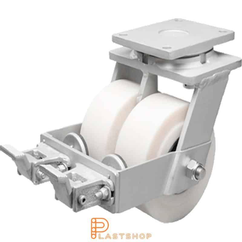 Double link wheel with brake, plate, wheel diameter 300 mm, building height 375 mm, hard wheel in solid PA6 C, 5000 kg load capacity, double ball bearings