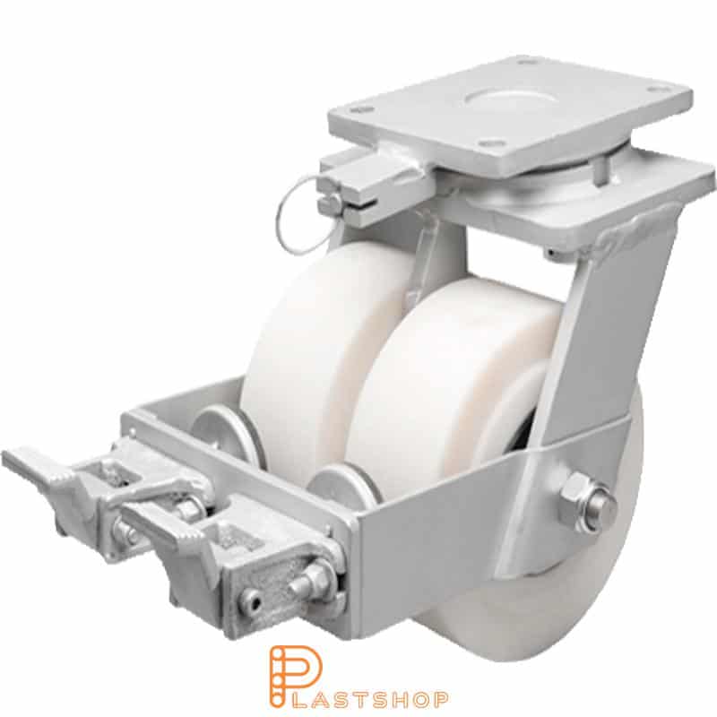 Double link wheel with brake, plate, wheel diameter 300 mm, building height 375 mm, hard wheel in solid PA6 C, 5000 kg load capacity, double ball bearings