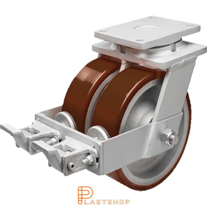 Dobbelthjul med bremse, plate, hjuldiameter 300 mm, byggehøyde 375 mm, nav i støpejern med myk bane i PUR i rød farge. 3900 kg bæreevne, doble kulelager
